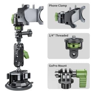 3 in 1 Car Holder Strong Suction Cup Mount Aluminum Alloy Double Ball Head Arm for GoPro Mobile Phone Insta360 Action Cameras